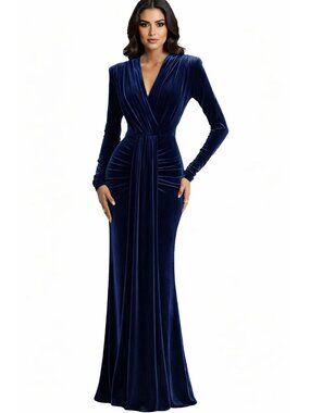 Navy Velvet Maxi Dress Size 8 Long Sleeve Formal Evening Gown